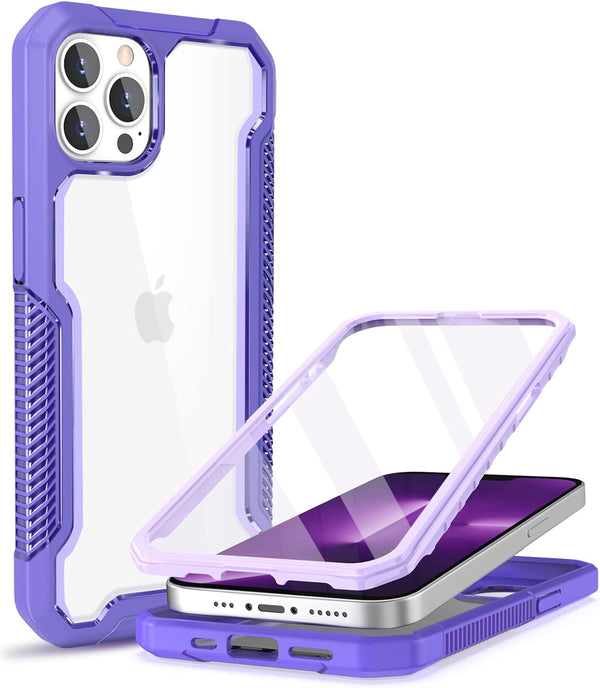 ANSHOW iPhone 12/12 Pro Case, Rugged 360° Full Body with Built-in Screen Protector, Clear Hard PC & Purple Silicone