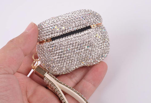 Sparkly Diamond Case for AirPods Pro 1&2 Generation, Premium Bling Rhinestone Cover Skin with Keychain (White AB Gold)