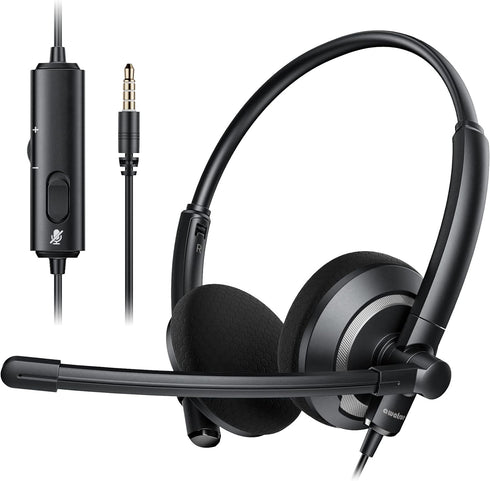 Wired Headset with Microphone for PC & Laptop - Noise Cancelling On-Ear Headphones with 3.5mm Jack, In-line Control
