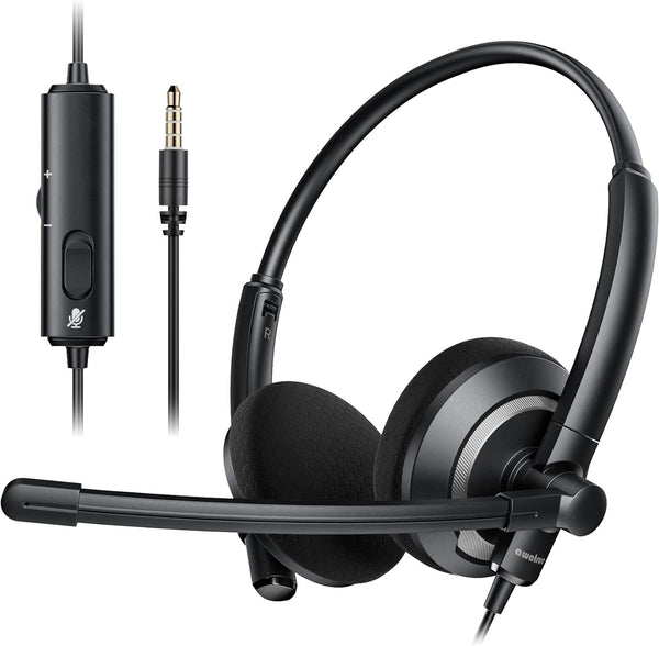 Wired Headset with Microphone for PC & Laptop - Noise Cancelling On-Ear Headphones with 3.5mm Jack, In-line Control