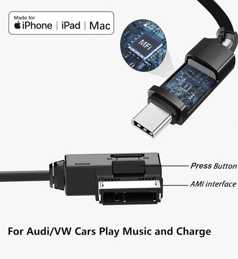 USB-C to AMI MMI Aux Cable for iPhone 15/iPad Pro, Compatible with Audi and VW MMI 3G System (4FT)