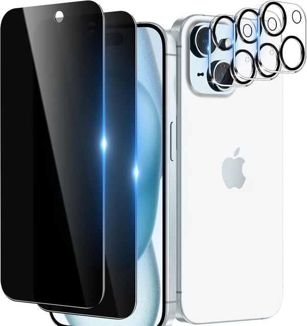 iPhone 15 Privacy Screen Protector 2+3 Pack with Camera Lens Protector, Tempered Glass, Anti-Scratch, Easy Install,
