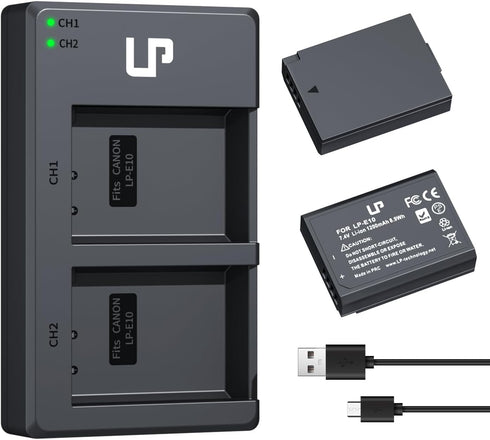 LP LP-E10 Battery Charger Pack, 2-Pack Battery & Dual Slot Charger for Canon EOS Rebel T7, T6, T5, T3