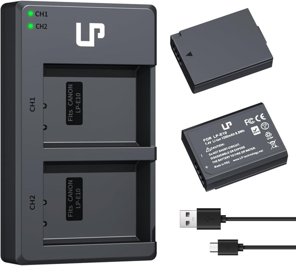 LP LP-E10 Battery Charger Pack, 2-Pack Battery & Dual Slot Charger for Canon EOS Rebel T7, T6, T5, T3