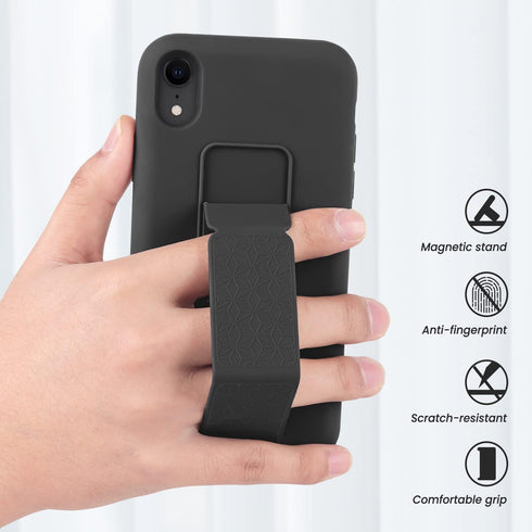 LAUDTEC iPhone XR Case Compatible, Silicone Kickstand with Hand Strap, Flexible Soft Liquid Silicone Stand Case - Black