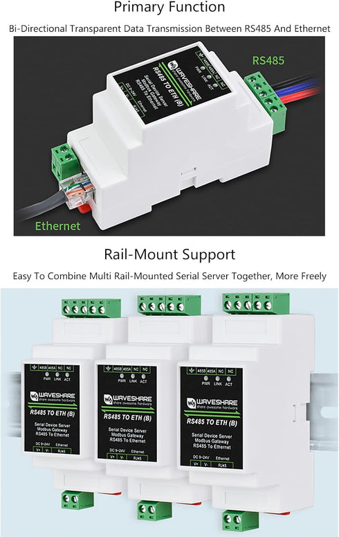 waveshare RS485 RJ45 Communication Ethernet Industrial Serial Server to Ethernet Module, TCP/IP to Serial, Support
