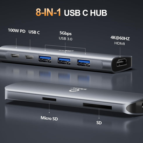 WWLSV 8 1 4K@60Hz 3.0/PD USB C Hub Multiport Adapter for MacBook/Dell/HP/Lenovo, in Laptop Docking Station with HDMI