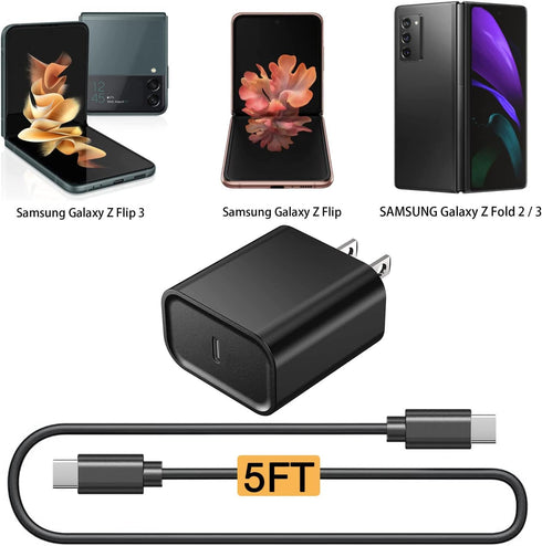 Replacement 18W USB C PD Fast Wall Charger for Samsung Galaxy Z Flip 5, Z Flip 4, Z Flip 3, Z Fold 5, Z Fold 4, Z Fold 3, Z Fold 2 5G Cell Phone with 5FT Type C Power Adapter Charging Cable Cord