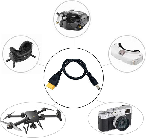 2Packs XT60 Adapter Cable, XT60 Male Bullet Connector to Male DC 5.5mm X 2.5mm Power Cable for FPV Monitor