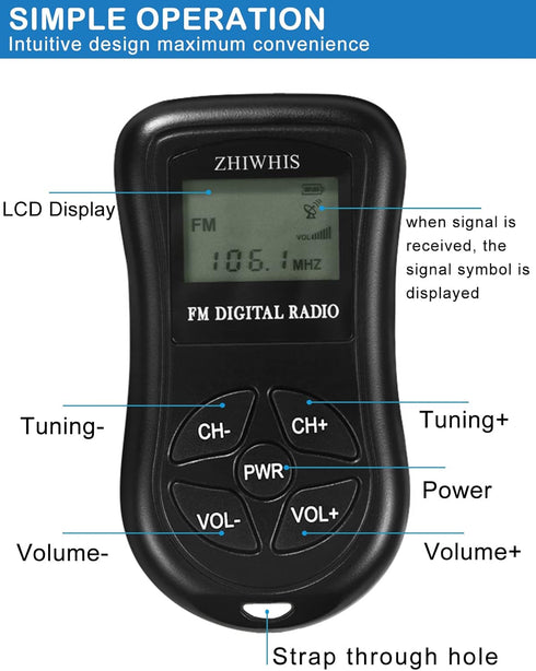 ZHIWHIS Mini Portable FM Radio, Stereo LCD Digital Display Pocket Walkmen Receiver with Earphone, AAA Battery Operated