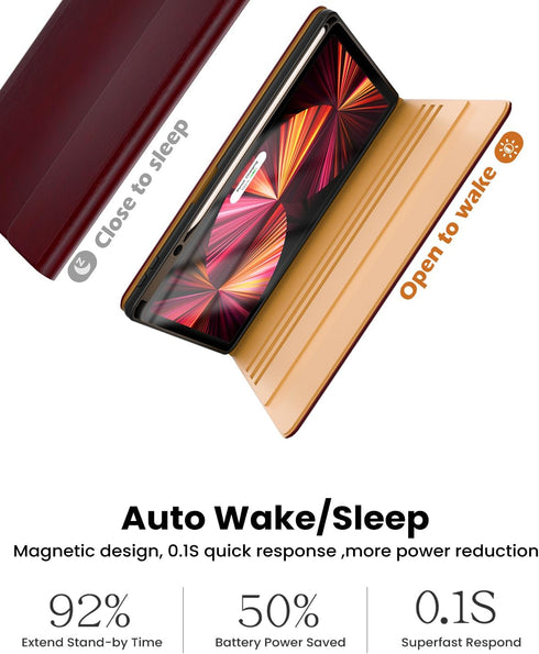 Leather Keyboard Case for iPad Air 5th 4th Generation, 7 Color Backlight BT Keyboard Folio, Wine