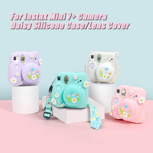 Silicone Case Lens Cap Set for Fujifilm Instax Mini 7+ 7 Plus Instant Camera Skin Accessories, Protective Carrying Case Cover with Adjustable Shoulder Strap