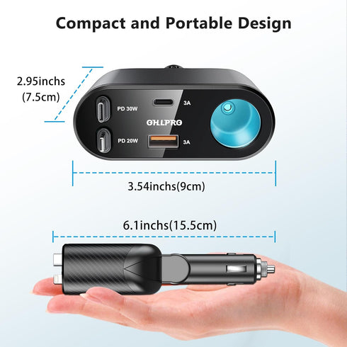 OHLPRO 5 in 1 Retractable Car Charger, 168W USB C Cigarette Lighter Adapter, Fast Charger with Dual USB Ports