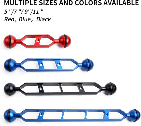 Red 11" Double Ball Aluminum Alloy Extension Arm, 1" Ball Head Connector for Underwater Arm, 2pack