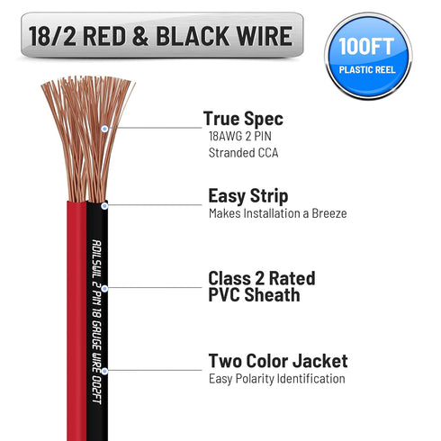 Speaker Wire Cable 18 Gauge 50FT 18/2 AWG CCA Red Black Wire 2 Conductor Bonded Zip Low Voltage Wire DC 12V/24V Stereo Audio Light Car Wire CL2 Electrical Wire for Hookup and Extension