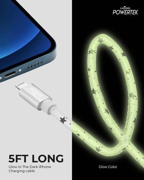 LIQUIPEL Powertek Glow MFi Certified Charger Compatible for Apple iPhone, iPad, 5ft Cable, Lightning to USB Cable Cord, Fast Charging Lightning Cable (White w/Stars)
