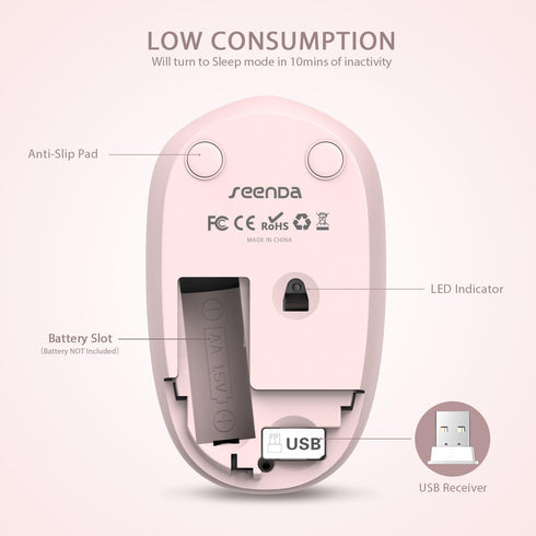 seenda Wireless Mouse, 2.4G Noiseless Mouse with USB Receiver, Portable Computer Mice, Pink