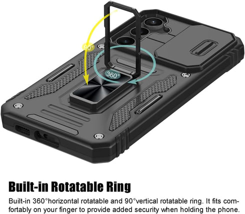 for Samsung Galaxy S23 FE Case, Shockproof Phone Case & Sliding Camera Cover & Ring Holder Kickstand with Screen