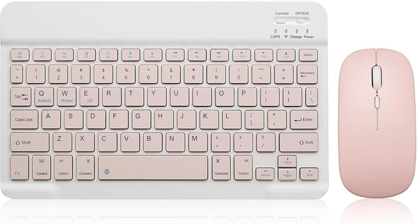 Bluetooth Keyboard and Mouse Combo - Rechargeable Wireless Set for Apple iPad, iPhone, Samsung Tablet, Pink