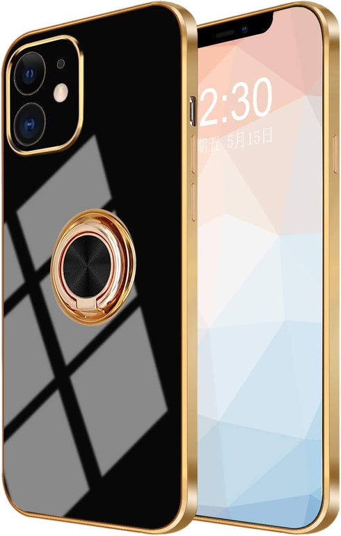 Omorro iPhone 12 Ring Holder Case, 360 Degree Rotation Kickstand, Shiny Glitter Plating Rose Gold Edge, Slim Soft Tup