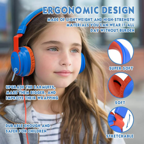 Kids Volume Limited 85/96dB Headphones, Wired Over-Ear/On-Ear Foldable Headset with Inline Cable Aux 3.5mm Cord Mic