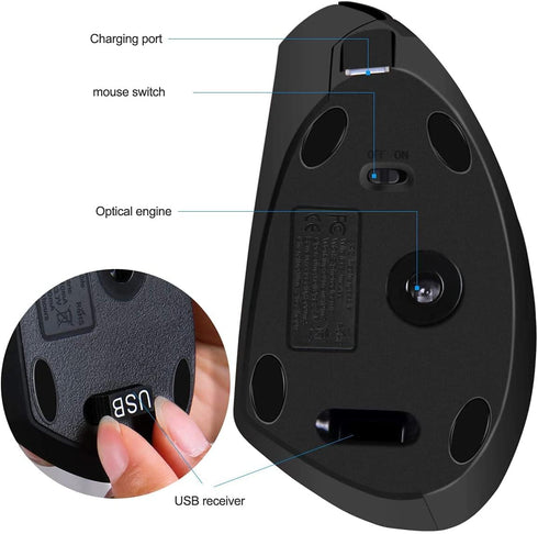 Left Handed Mouse, 2.4G Wireless Rechargeable Ergonomic Vertical Mouse with USB Dongle, Silent Click, 3 Adjusted DPI, 6