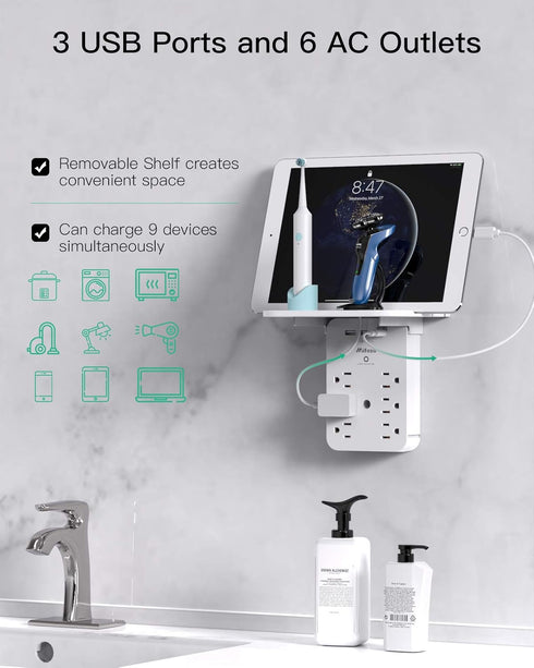 Wall Outlet Extender with Surge Protector, 6 AC Outlets, Shelf, 2 USB & USB C Charging Ports