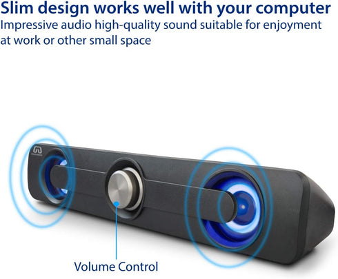 Desktop Compact Wired Multimedia Mini Stereo Sound Bar, USB Powered, 3.5mm Audio Jack, Blue LED, 2.5 Watts