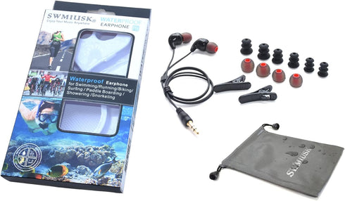 Black Short Cord Waterproof Earbuds for Swimming, 15-inch Wired 3.5mm Jack, Ideal for Diving, Snorkeling, Showering.