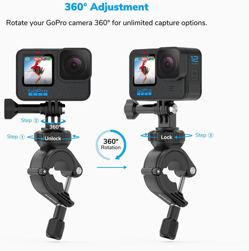Sametop Handlebar Bike Pole Mount Motorcycle Clamp Mount Compatible with GoPro Hero 12 11 10 9 8 7 6 5 Session DJI Action Cameras - 360 Degree Rotation