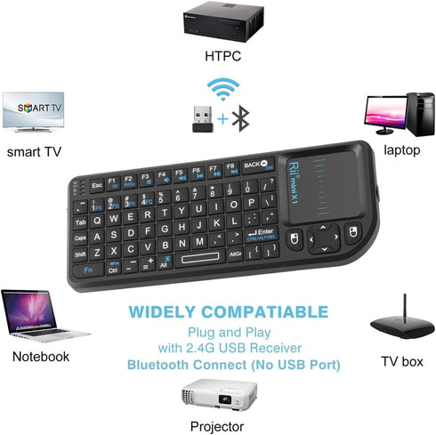 Rii Mini Wireless Keyboard with Touchpad & QWERTY, Bluetooth & 2.4G Connection, Backlit Portable Keyboard with Laser