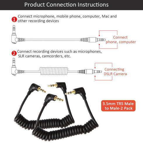 2 Pack 3.5mm to 3.5mm Audio Coiled Cable, 1.7FT Replacement for SC2 TRS Mic Patch Cord for Mixers, Microphones, Cameras