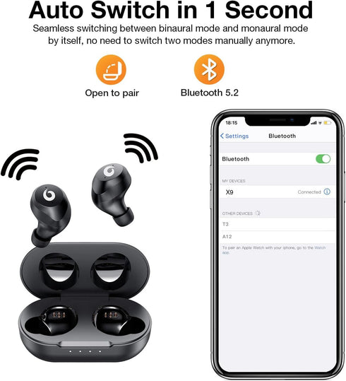 X9 Wireless Earbuds - Bluetooth 5.3, Waterproof, Touch Control, Deep Bass Headphones for Sports & Gaming (Black)