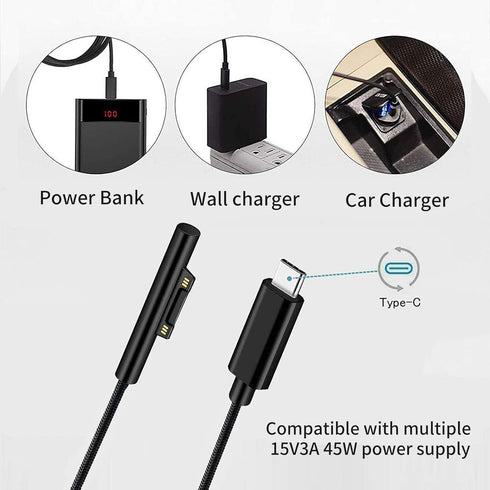Nylon Braided Charging Cable for Microsoft Surface Pro 7/6/5/4/3/Go3/2/1 & Laptop 4/3/2/1, 6ft, 45W 15V 3A USB-C (Black)