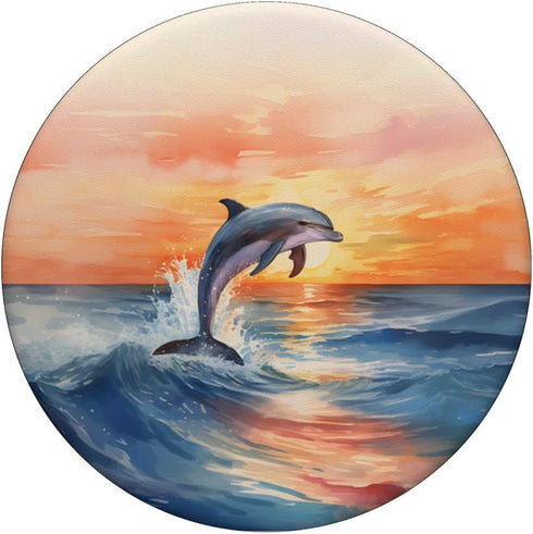Dolphin Jumping | Sunset Over Ocean Watercolor Art PopSockets Swappable PopGrip