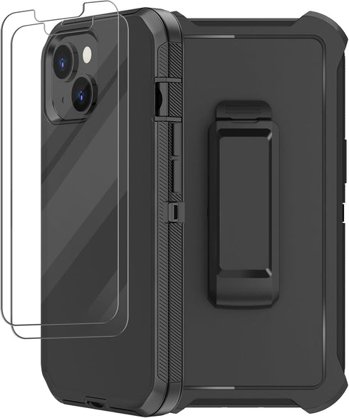 iPhone 14 Case (6.1”) - Rugged Black Heavy Duty Shockproof Cover with Belt Clip Holster & 2X Screen Protector.