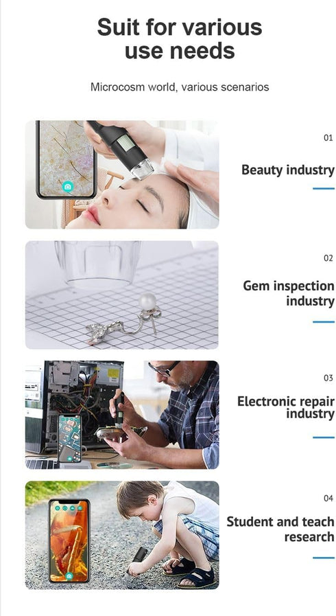 USB Digital Microscope, 50x-1600x Magnification Handheld, 1440P HD with 8 LED Lights, Portable for iOS and Android