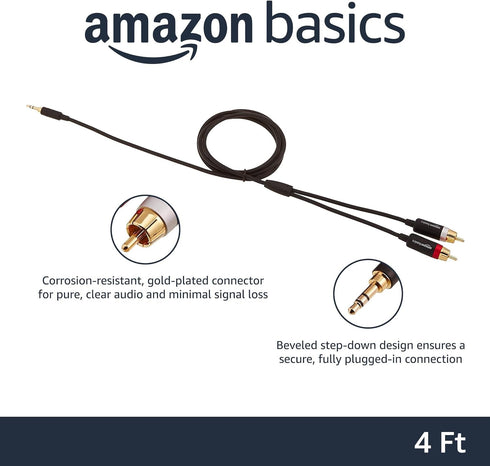 Amazon Basics 3.5 Aux to 2 x RCA Adapters, Audio Cable for Amplifiers, Active Speakers with Gold-Plated Plugs, 4 Feet/1.2 m, Black by Amazon Basics