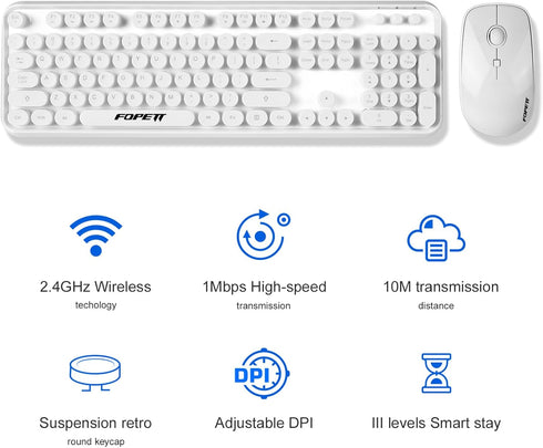 FOPETT Wireless Keyboard and Mouse Combo, 2.4G Full-Sized White Keyboard with Round Keycaps for Laptop/PC