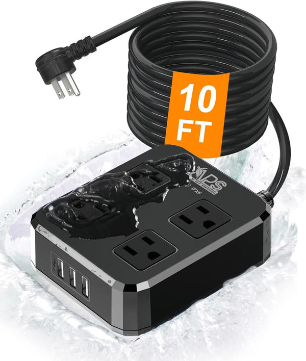 Outdoor Power Strip Weatherproof, 4 Wide Outlets with 3 USB Ports, 10FT Extension Cord, ETL Listed Black
