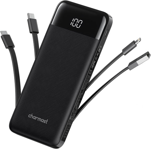 Portable Charger 10000mAh Slim Battery Pack with Built-in Cables, 6 Outputs, 3A High Speed for iPhone Samsung Pixel LG