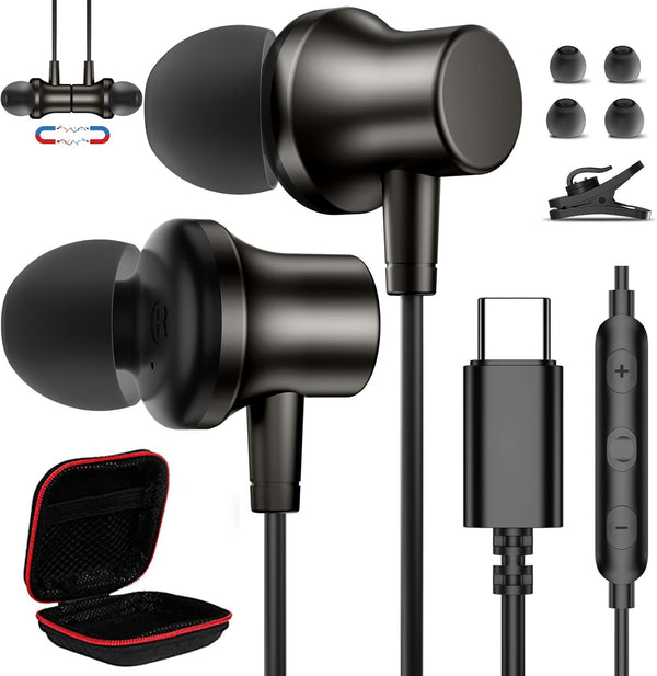 USB C Headphone Type C Earphone Magnetic Wired Earbud for iPhone 15 Pro Max, Samsung S24 Ultra, Noise Canceling