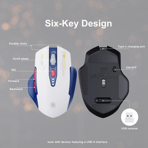Wireless Mouse with Visible Battery Display - Rechargeable 2.4G USB Optical Mouse for Laptop PC, White and Blue