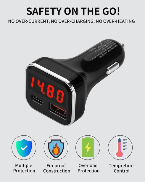 USB C Car Charger Adapter with Volt Meter, 30W Cigarette Lighter Adapter with Voltmeter, Fast Charging for iPhone 15