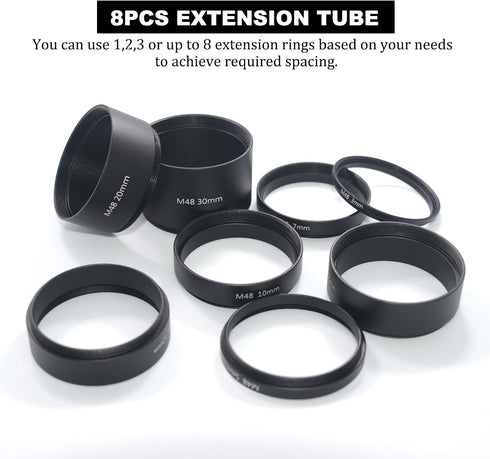 8PCS M48x0.75 Set,M48 3mm 5mm 7mm 10mm 12mm 15mm 20mm 30mm Telescope Extension Tube Extension Tube Kit Length Extending