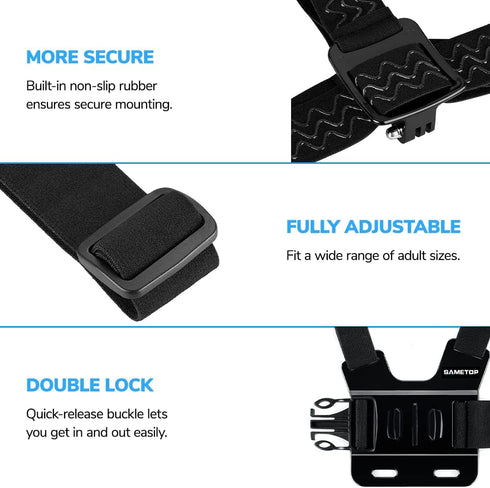 Sametop Head Mount Strap Chest Mount Harness Chesty Kit Compatible with GoPro Hero 12, 11, 10, 9, 8, 7, 6, 5, 4, Session, 3+, 3, 2, 1, Hero (2018), Fusion, Max, DJI Osmo Action Cameras
