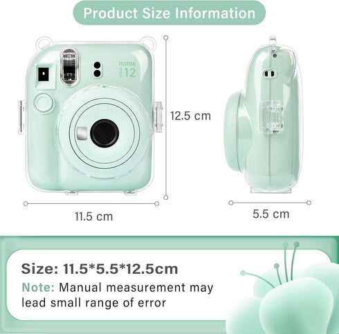 MUZIRI KINOKOO Clear Protective Case for Fuji Instax Mini 12, Hard PVC Carrying Case with Rainbow Shoulder Strap