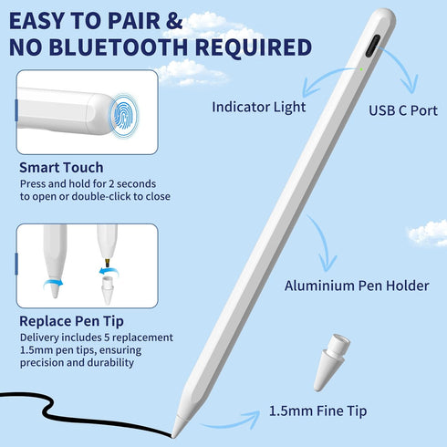 iPad Apple Pencil 9th & 10th Generation, Fast Charge Stylus Pen for iPad, Palm Rejection, Tilt Sensitivity, Compatible