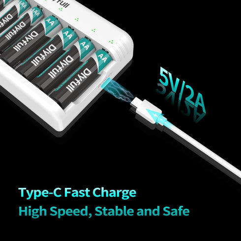 Dlyfull 8 Bay AA AAA Battery Charger with USB-C High-Speed Charging, Independent Slot for 1.2V Ni-MH Ni-CD Rechargeable