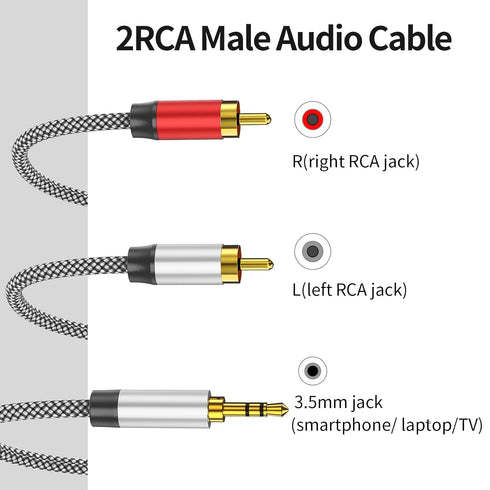 3.5mm to 2RCA Audio Cable 20ft, Auxiliary Adapter, Stereo Splitter Cable for Smartphone, Speakers, Tablet